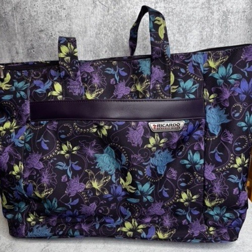 Ricardo Beverly Hills Floral Travel Tote Bag Black Purple Blue Trolley Sleeve